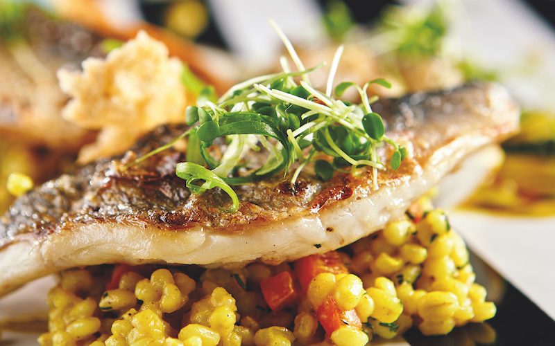 Flussbarschfilet auf Getreiderisotto mit Orangen